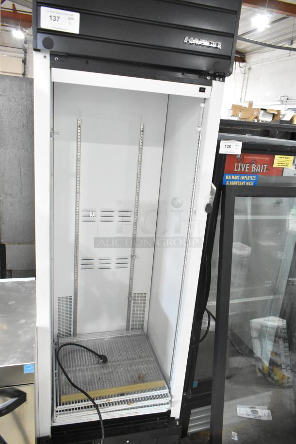 2019 Habco SE18 metal commercial single door cooler merchandiser, door needs reattachment, 115V, 1 phase, interior view.
