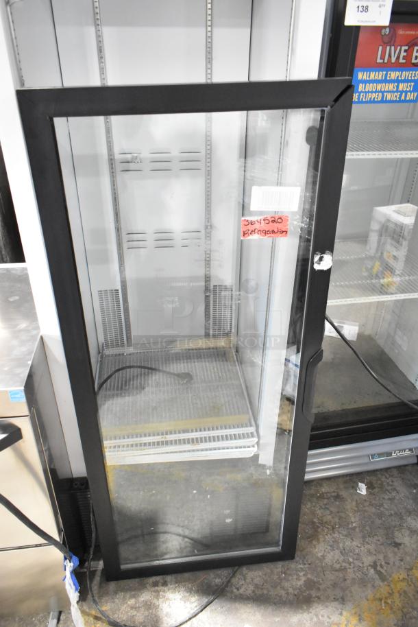 2019 Habco SE18 commercial cooler, single door, metal frame. Door detached, 115V, 1 phase. Marks on door glass, interior shelves visible.