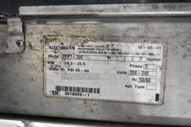 2021 Alto Shaam CTP7-20E stainless steel commercial combi oven label, showing model, voltage, and phase details.