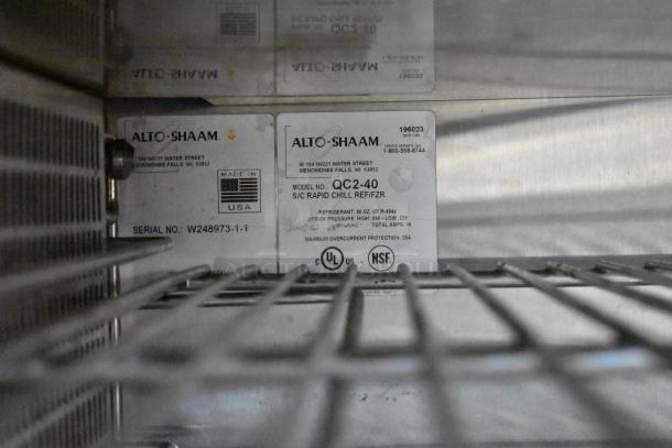 2023 Alto Shaam QC2-40 stainless steel commercial blast chiller, NSF certified, with model label and serial number W248973-1-1.