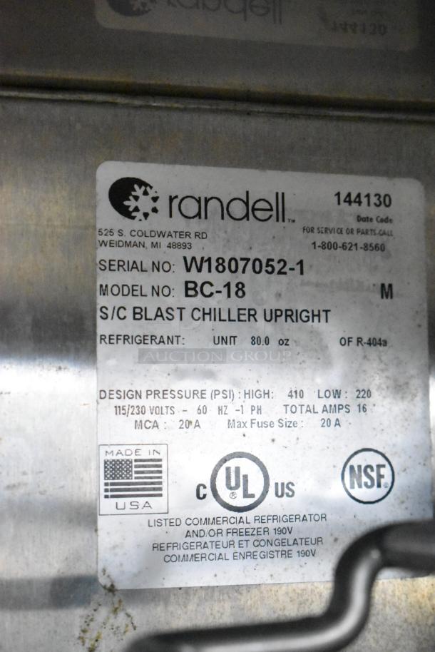 2018 Randell BC-18 stainless steel commercial blast chiller label showing model, serial number, and specifications.