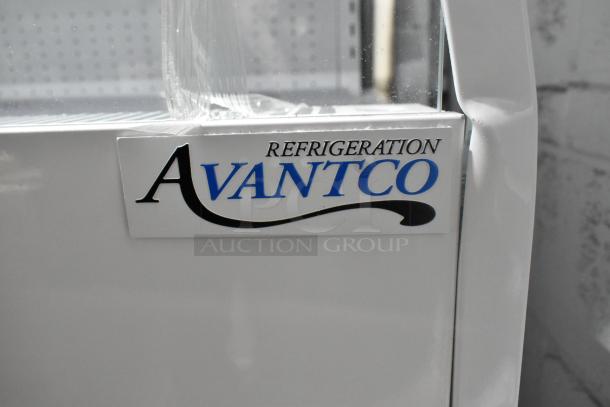 Brand new Avantco 193VOA36W white vertical open air merchandiser with LED lighting, 115V, showing minor dents.