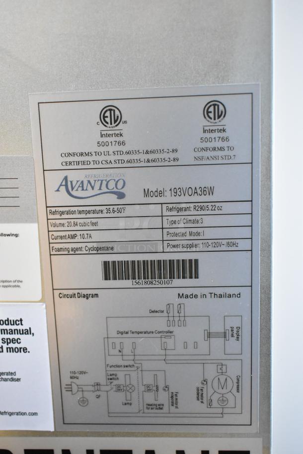 Avantco 193VOA36W label showing ETL certification, refrigeration specs, and circuit diagram. 115 Volts, made in Thailand.