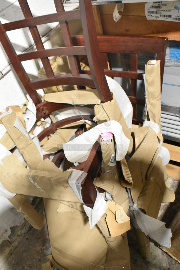 3 new Lancaster Table & Seating wooden dining chairs, window back design, model 193VOA36W, in scratch and dent condition.