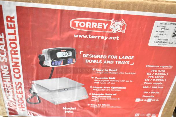 Brand new Tor Rey PPC-5/10 10 lb. digital scale with remote indicator and foot pedal, shown in labeled packaging.