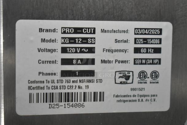 Alt text: Pro-Cut KG-12-SS meat grinder label, showing specifications: 120V, 8A, 559W, 60Hz. Serial D25-154086, made 03/2025.