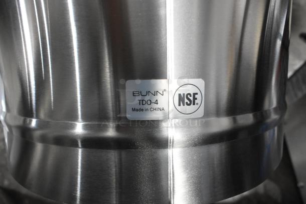 Bunn TDO-4 iced tea dispenser, 4-gallon, brew-through lid, stainless steel, NSF-certified, made in China, minor scratches.