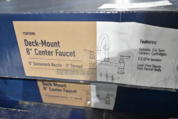 4 new 750FD88G Waterloo deck-mount faucets. Features 8" gooseneck spout, 8" centers, reliable ceramic cartridges, 2.0 GPM aerator.