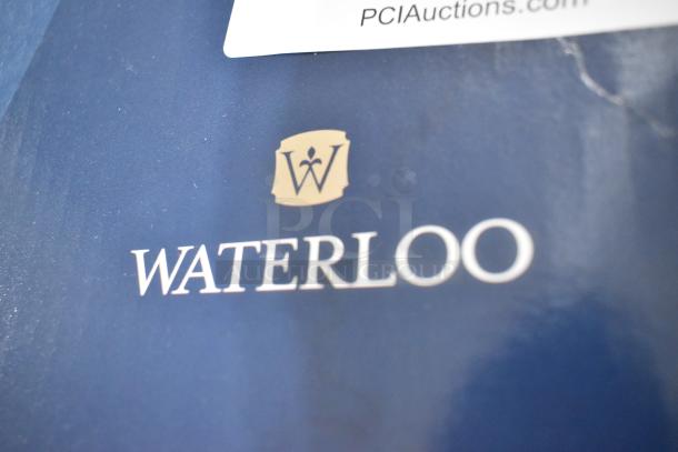 Blue packaging displaying the Waterloo logo for a deck mount faucet, model 750FD88G; features an 8" gooseneck spout.