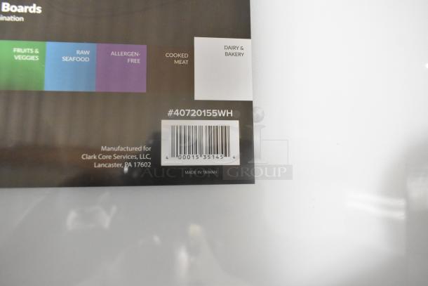 Two brand new scratch and dent Choice 40720155WH 20"x15"x1/2" white polyethylene cutting boards. Item label visible.