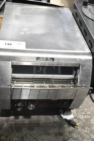 Brand new Hatco TQ-800H stainless steel conveyor toaster. Features 3" opening, 208 volts, 1 phase. Scratch and dent condition.