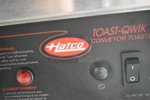 Hatco TQ-800H Toast Qwik Conveyor Toaster control panel with branding, switch, and light indicators visible.