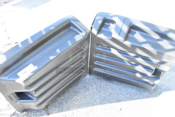 Brand new Rubbermaid 1307 black poly lid for tilt truck. Features minor scratches and a visible label marked "156".