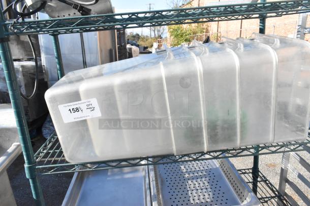 Green finish 4-tier shelving unit with poly bins and metal baking pans. Buyer must dismantle. Label reads "Lot 1584."