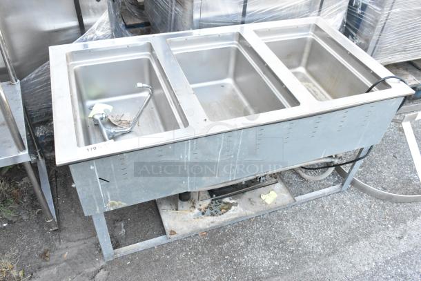 Vollrath FC-6HC-03120 stainless steel 3 bay drop-in steam table, 120 volts, 1 phase, used condition, visible handles.