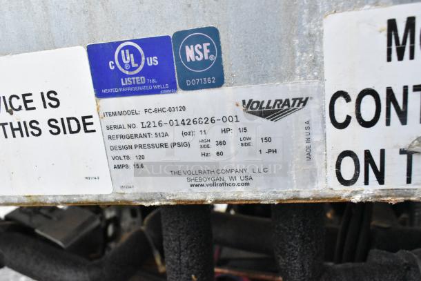 Vollrath FC-6HC-03120 3 Bay Steam Table label with model, serial number, 120V, 1PH, 15.6A, UL and NSF certifications.