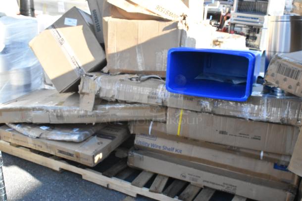 16 boxes including Steelton Utility Wire Shelf Kit and blue Slim Jim trash can, brand new scratch and dent items.