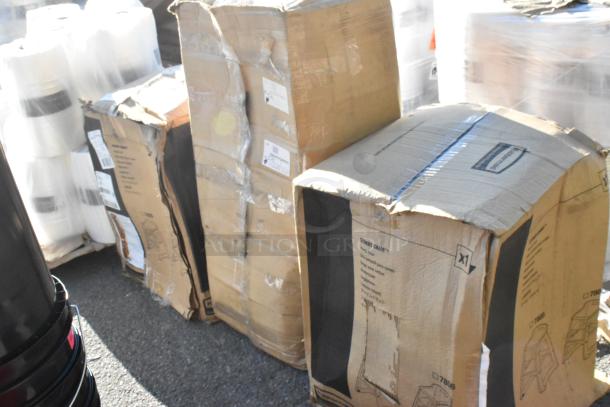 Boxes containing 3 brand new scratch and dent items including a Sturdy Chair Youth Seat and Jade Green Bar Stool, model 164BMCAGRNBK.