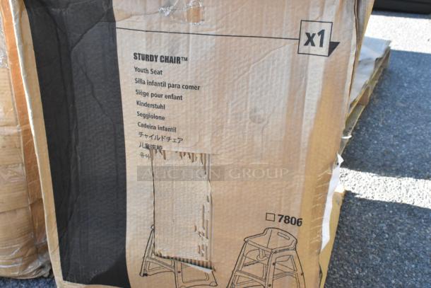 Cardboard packaging for Sturdy Chair Youth Seat, showing text in multiple languages and an image of the chair.