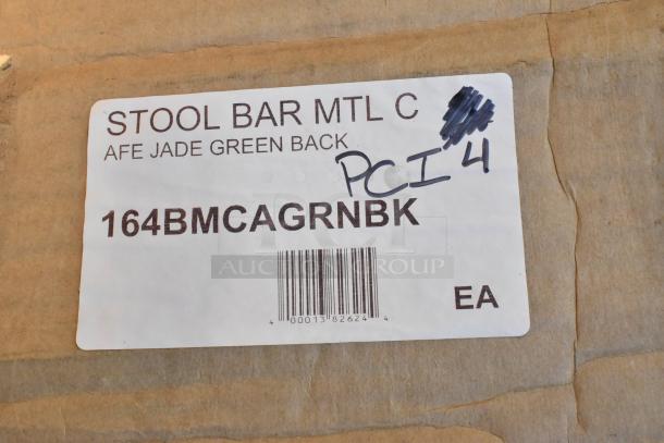 Label on cardboard box for jade green bar stool, model 164BMCAGRNBK, marked "stool bar MTL C," includes barcode.