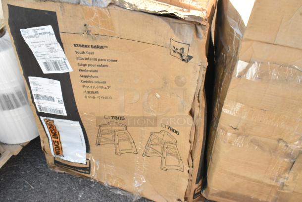 Box of a Sturdy Chair Youth Seat, labeled in multiple languages; packaging shows signs of damage.