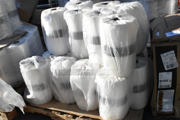 Pallet lot of Clark PERF Printed RS 420mm dry ice rolls, brand new with scratch and dent, wrapped in plastic, on pallets.