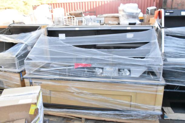 Hussmann Q3-SS-6S Metal Open Grab N Go Merchandiser, 208/240V, wrapped in plastic, label reads "Hussmann."