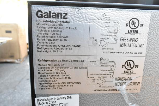 5 mini coolers including EdgeStar CMF151L, Galanz GL27BK, GE WMR04BAPBBB. Label shows Galanz GL27BK specs: 2.7 cu.ft, 115V.