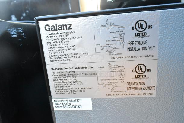 5 mini coolers including EdgeStar CMF151L, Galanz GL27BK with tag showing model, voltage, and specs. 115V, 1 phase.