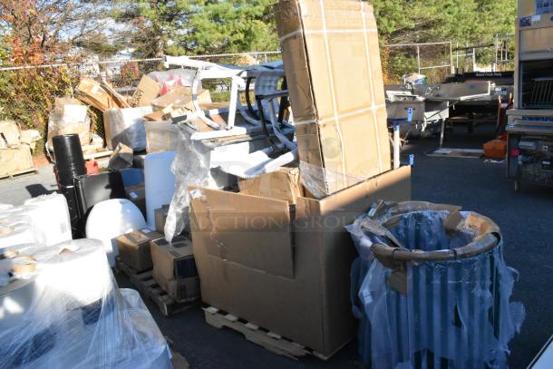 10 brand new scratch and dent items including a chair frame, mop sink, and dish table, shown in packaging and boxes.