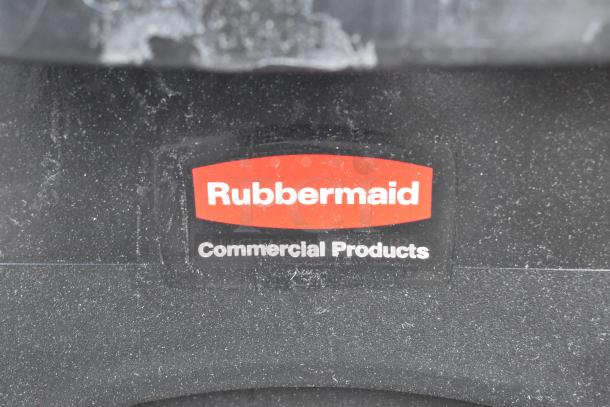 Rubbermaid Black Poly Slim Jim Trash Can, durable commercial design, visible label.