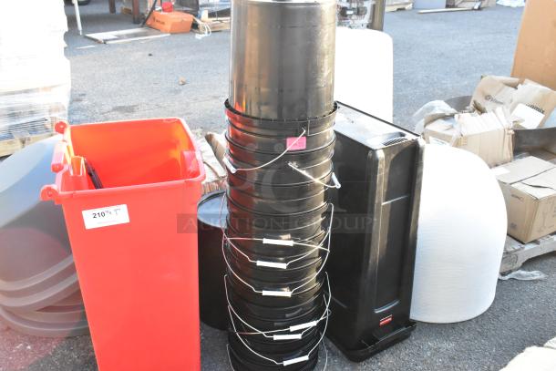 Stack of 10 black poly buckets with white handles. Each bucket labeled for auction. Good condition.