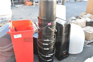 Stack of 10 black poly buckets with white handles. Each bucket labeled for auction. Good condition.
