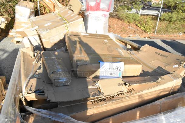 Seven brand new scratch and dent items in opened boxes, including floor mat, trash can lid, and flatware rack. Auction lot labeled "OCT25-62."