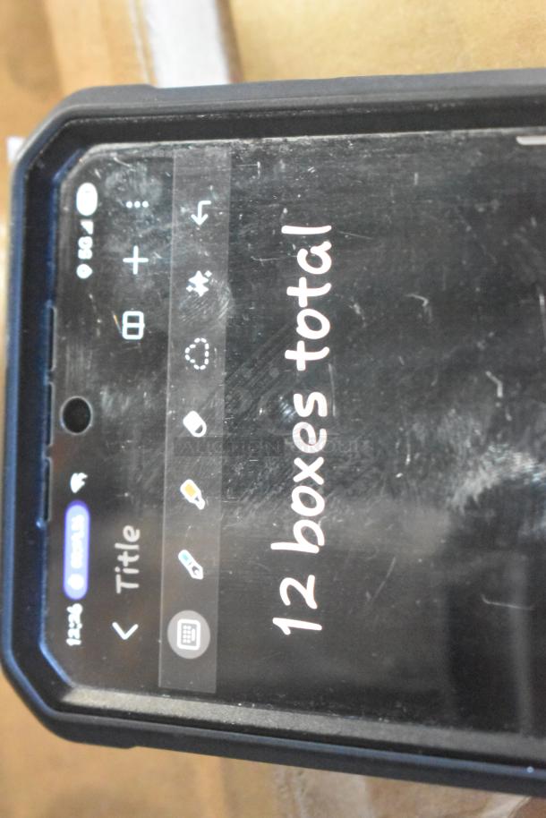 Table lot of 12 brand new items, including GM22936585 cargo area security enclosure, GM23256564 roof luggage rail, GM23499.99 grille, GM19244264 roof rail. "12 boxes total" written on a device screen.