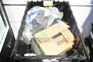 Lot of brand new car parts including GM 84221510 ENS Filet, GM 25790357 ACDelco Brake Air Duct in black poly bin.