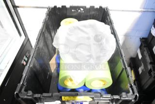 Brand new lot of various car parts including GM 92223802 cargo net and tape rolls in black poly bin.