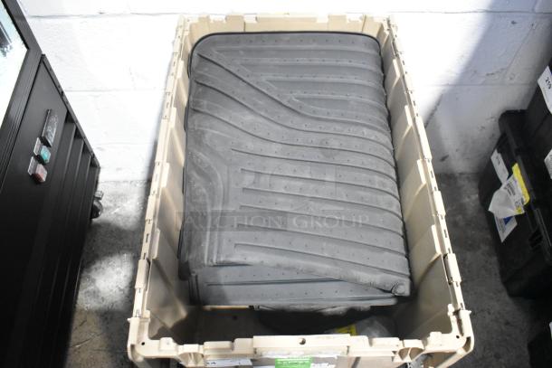 Brand new car mats in tan poly bin, featuring anti-slip texture. Ideal for various vehicles.