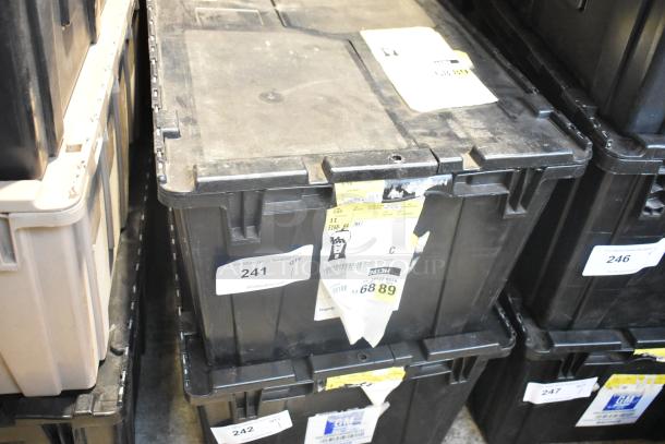Black poly bin with various brand new car parts. Labels show auction info, lot number 241, and PCI Auctions branding.