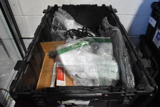 Brand new lot of various car parts, includes GM 84044906 brake deflector, handle, in black poly bin.