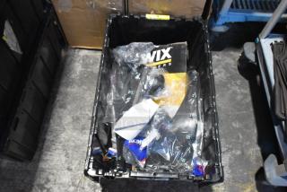 Brand new car parts lot in black poly bin, includes filters, panels. Packaging intact. Visible Wix filter box.