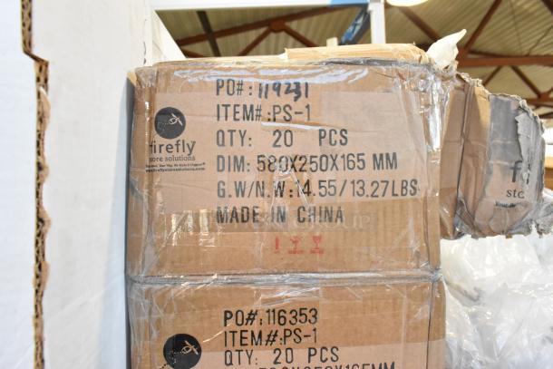 Box of 20 Firefly PS-1 items, dimensions 580x250x165 mm, weight 13.27 lbs, made in China, marked for packaging and storage.