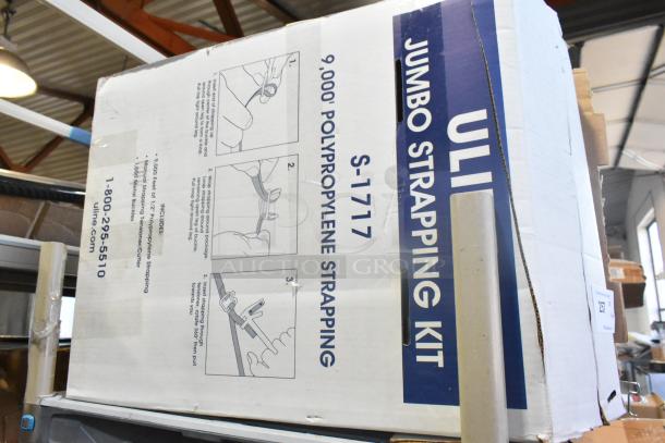 Uline S-1717 jumbo strapping kit box, includes 9,000 ft polypropylene strapping, new condition, visible instructions and contact info.