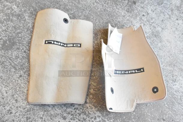 Alt text: New Denali floor mats, GM 84162521, beige, with black logo. Set of 8, high-quality condition, carpet texture.