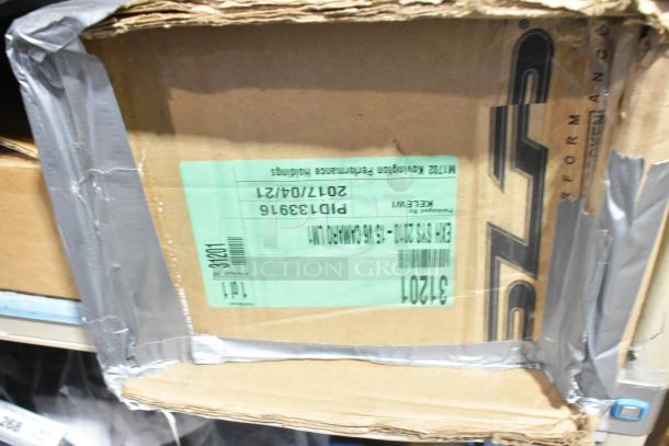 Cardboard box sealed with duct tape labeled "BRAND NEW! Tier Lot of Various Items Including Car Mats." Box shows model numbers and shipping information.