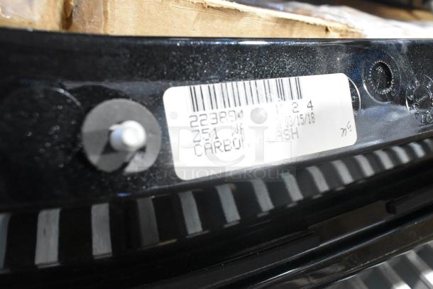 Close-up of a barcode tag on a brand new black rail, model 22389421, labeled "Carbon Flash." Condition: pristine.