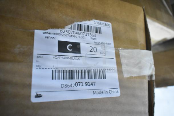 Cardboard box with barcode label showing SKU 4CAP14BK-BLACK, made in China, 20-pack. Item is brand new.