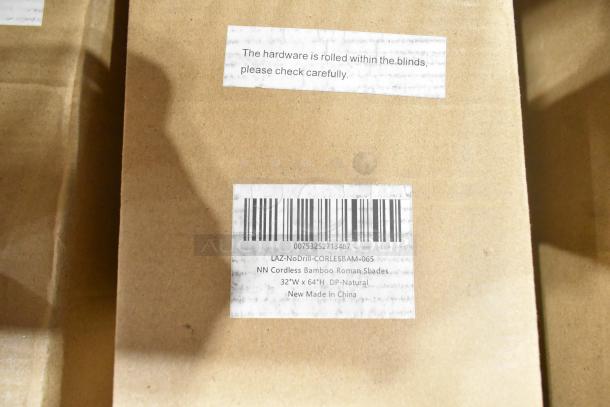3 brand new LAZ-NoDrill-CORLESBAM-065 NN Cordless Bamboo Roman Shades. 32"x64", natural, made in China. Hardware included.