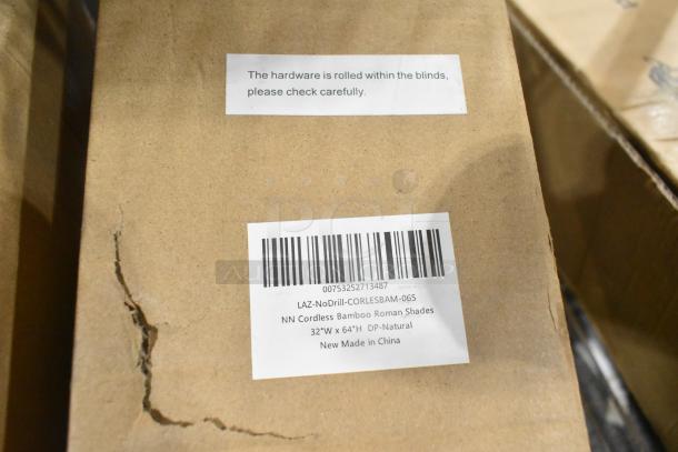 3 brand new LAZ-NoDrill-CORLESBAM-065 NN Cordless Bamboo Roman Shades, 32"W x 64"H, DP-Natural, made in China.