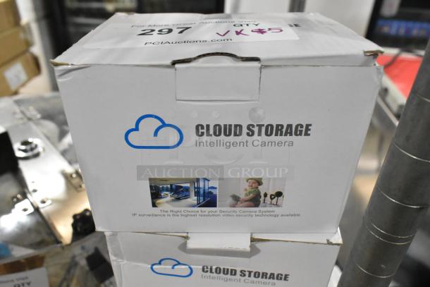 Box of Cloud Storage Intelligent Cameras, scratch and dent condition, includes surveillance system image and branding.
